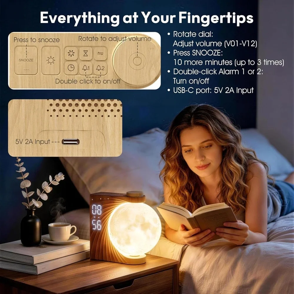 AIRIVO Sunrise Alarm Clock Moon Lamp Wood Grain Sound Machine New